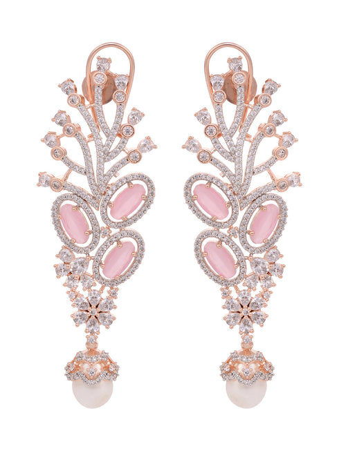 Rose Gold Plated Pink AD Studded Flowery Dropdown Earring