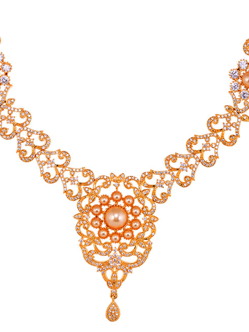Gold Plated Designer Necklace Gold Pearl drops Earrings Set
