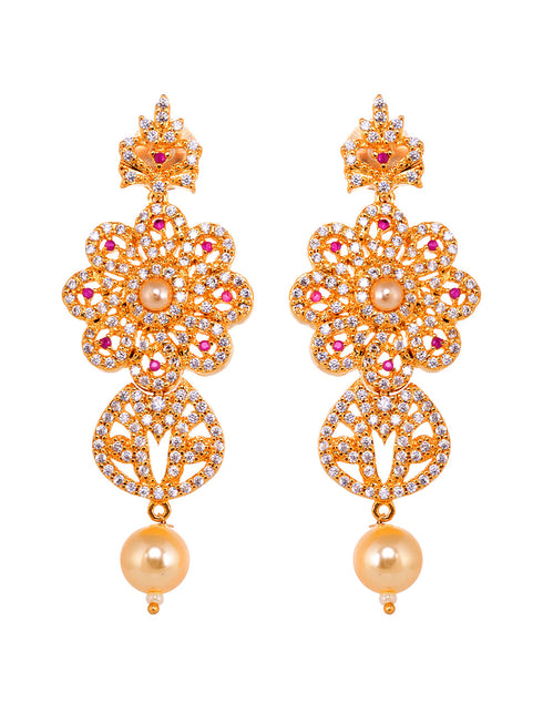 Gold Plated Red AD studded Floral Pendant Necklace Earrings Set