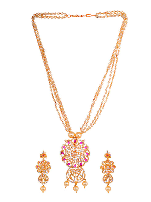 Gold Plated Red AD studded Floral Pendant Necklace Earrings Set
