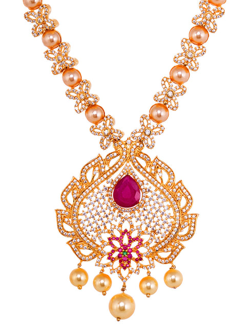 Gold Plated Red AD & Pearl studded Pendant Necklace and Earrings Set