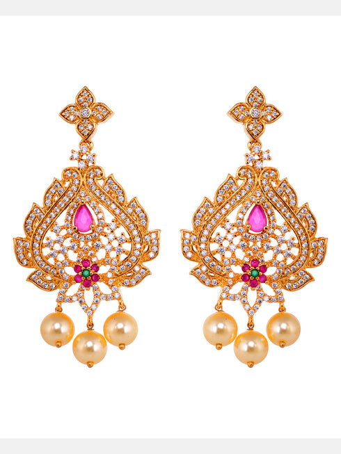 Gold Plated Red AD & Pearl studded Pendant Necklace and Earrings Set