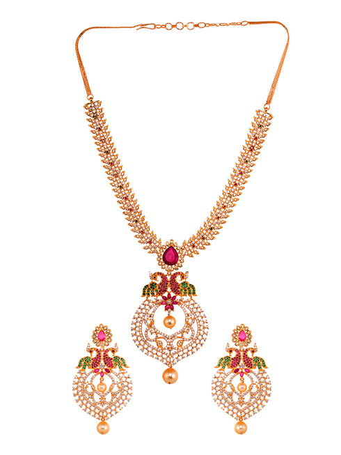 Gold Plated Big pendant style Multi AD studded Peacock design Necklace Earrings Set