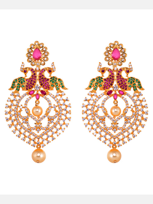 Gold Plated Big pendant style Multi AD studded Peacock design Necklace Earrings Set