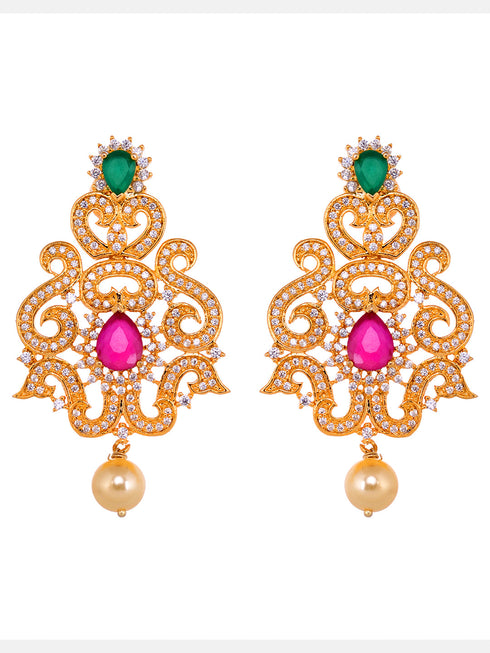 Gold Plated Multi AD Studded Hand Crafted Traditional Pendant Necklace Earrings Set