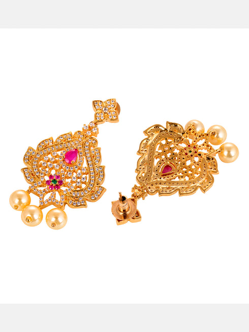 Gold Plated Red AD & Pearl studded Pendant Necklace and Earrings Set