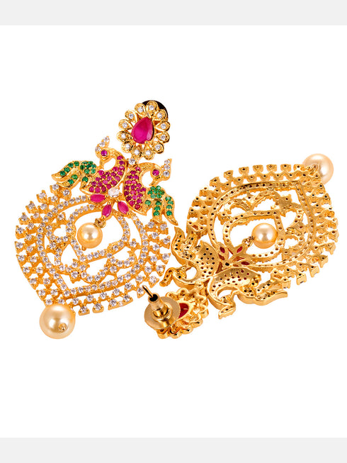 Gold Plated Big pendant style Multi AD studded Peacock design Necklace Earrings Set