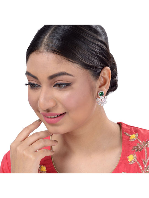 Exquisite Emerald Floral design green earrings Rose gold plated AD studded