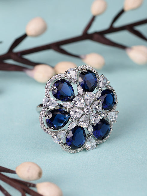 Silver Rhodium Blue AD Studded Adjustable Finger Ring
