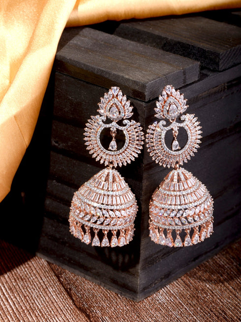 Rose Gold Plated White AD Studded Lightweight Jhumka Earrings