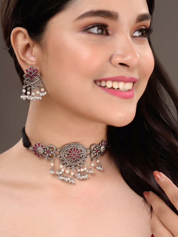 Silver Oxidised Red Stone Studded Tribal Choker Jewellery set