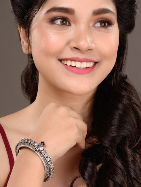 Oxidised Silver Toned Pink Mint Stone Studded Openable Kada Bracelet