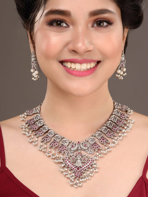 Oxidised Silver Toned Antique Temple Peacock Design Choker Jewellery set