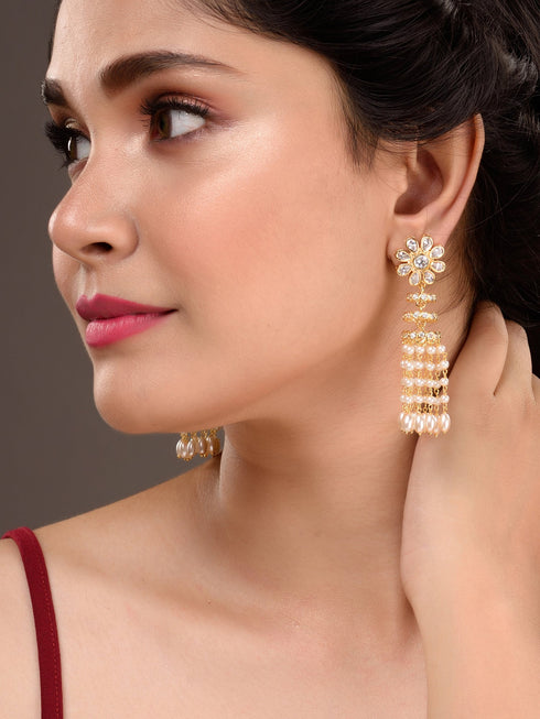 Gold plated polki Pearl Beaded Light Weight Chandelier Earrings