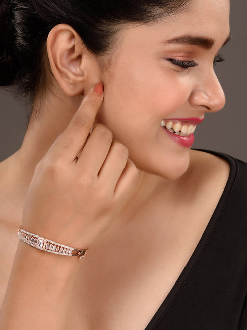 Rose Gold Plated White Ad Studded Designer Bangle Bracelet