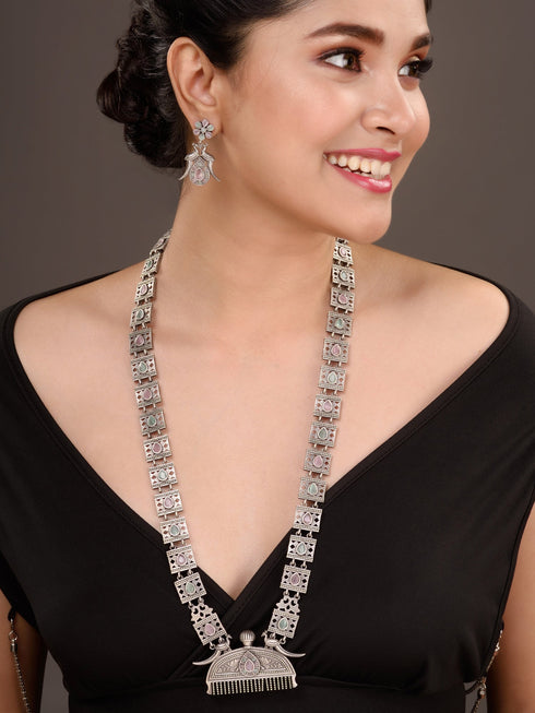 Oxidised Silver Toned Mint Pink Tribal Jewellery Set