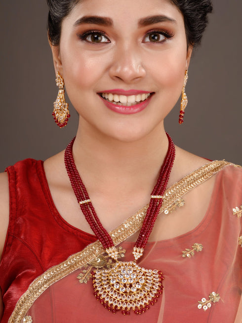 Gold Plated Polki Red mala Beaded Rani Haar Jewellery Set