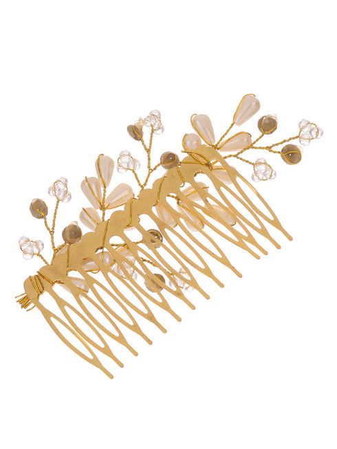 Gold Toned White Pearl Beaded Comb Pin for Girls & Women