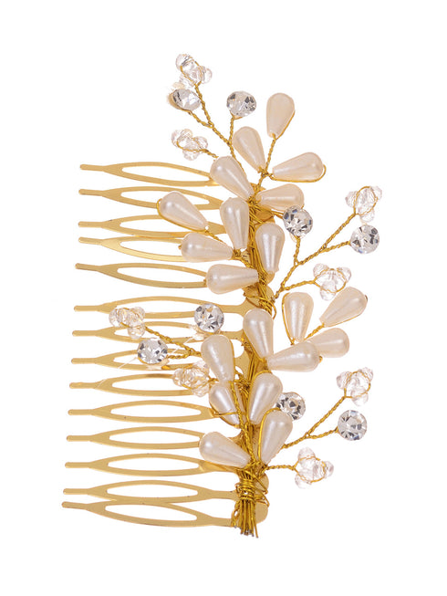 Gold Toned White Pearl Beaded Comb Pin for Girls & Women