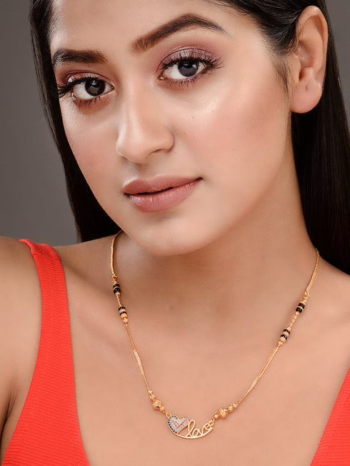 Gold Toned Heart Shaped Stone Studded & Beaded Mangalsutra