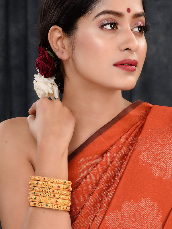 Set Of 6 24 CT Gold Plated Red Stone Studded Handcrafted Bangles For Regular Use