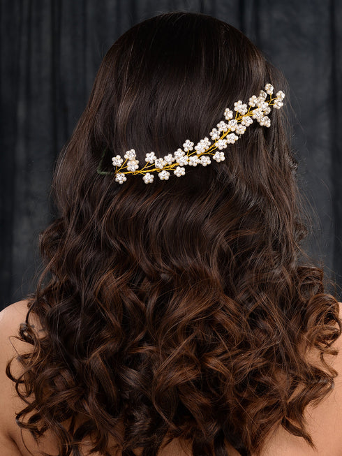 Gold Toned White Pearl Beaded Tiara for Girls & Women