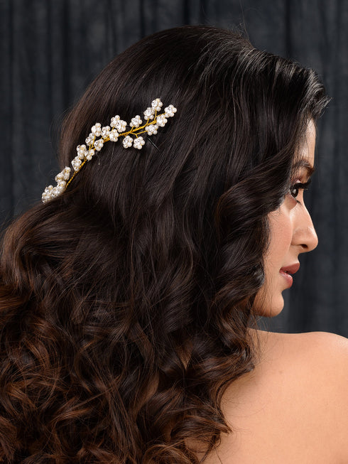 Gold Toned White Pearl Beaded Tiara for Girls & Women