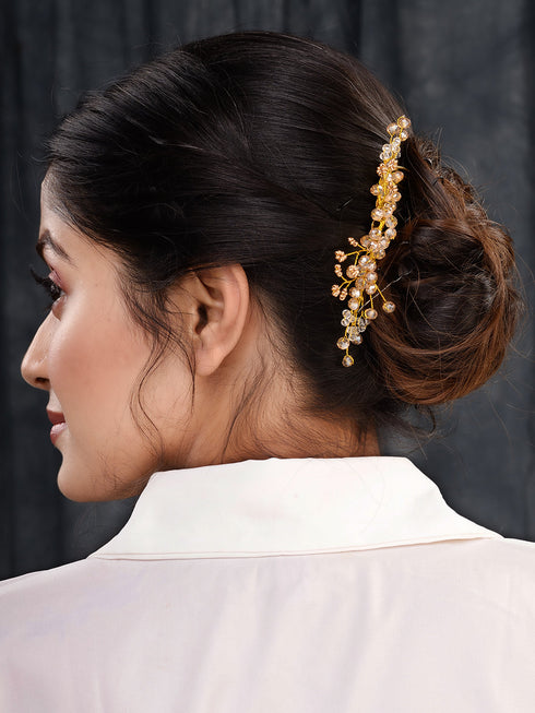 Gold Toned Crystal Embellished Comb Pin For Girls & Women