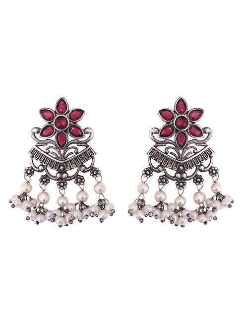 Silver Oxidised Red Stone Studded Tribal Choker Jewellery set