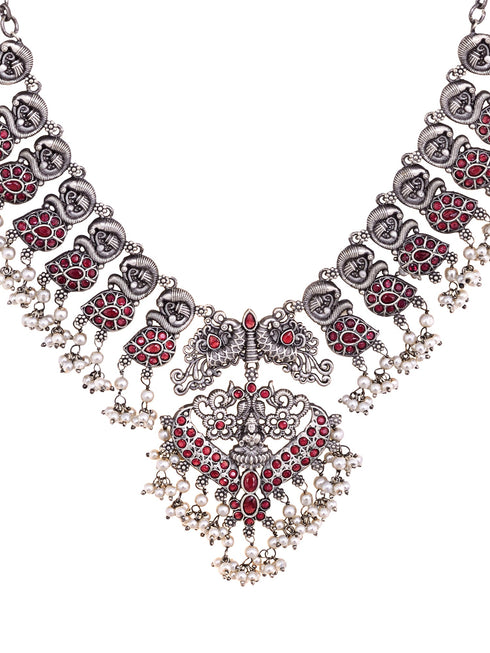 Oxidised Silver Toned Antique Temple Peacock Design Choker Jewellery set