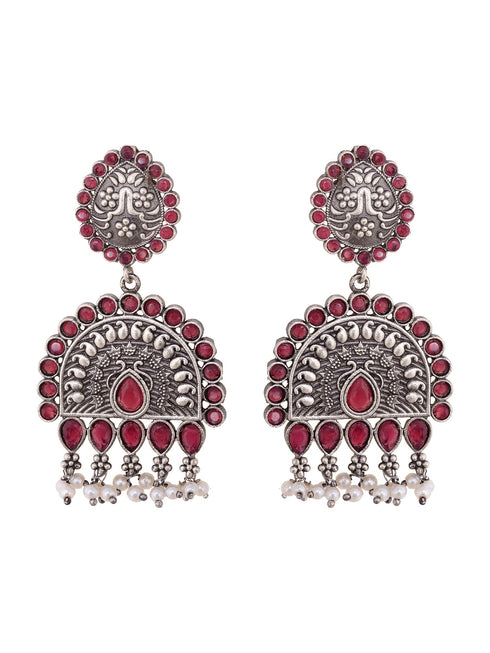 Oxidised Silver Toned Red Stone Studded Tribal Necklace Jewellery set