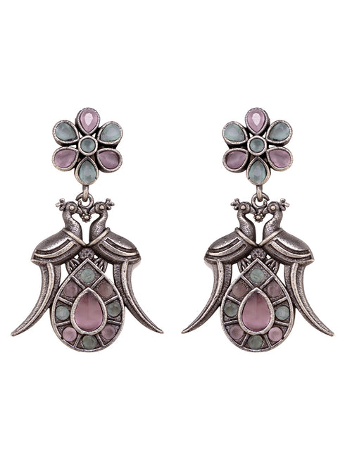 Oxidised Silver Toned Mint Pink Tribal Jewellery Set