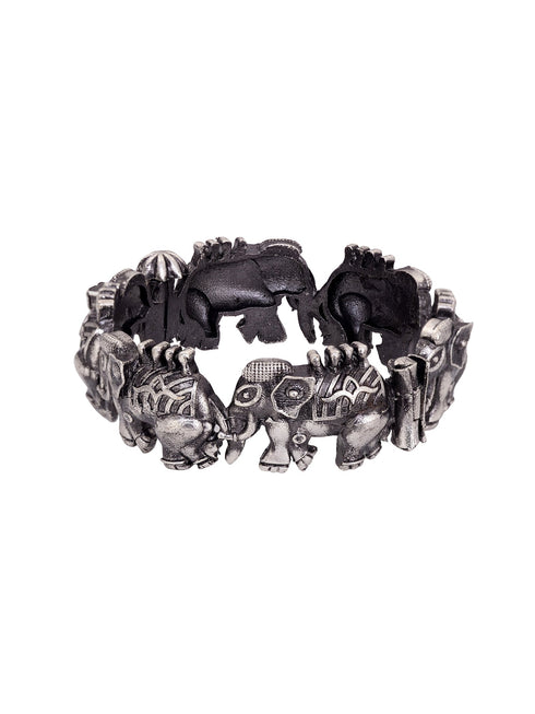 Oxidised Silver Toned Elephant Design Tribal kada Bracelet