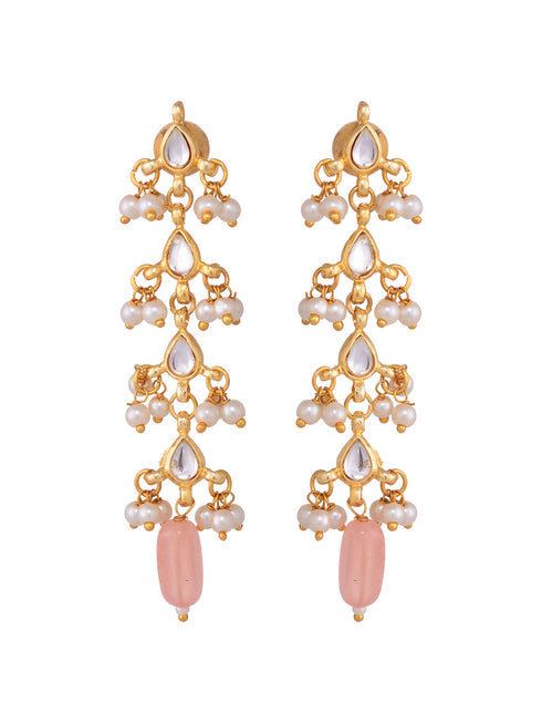 Gold Plated Kundan Pearl Beaded Dropdown Earrings