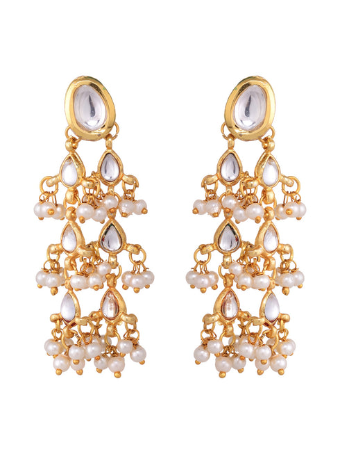 Gold Plated Kundan Pearl Beaded Traditional Dangle Earrings