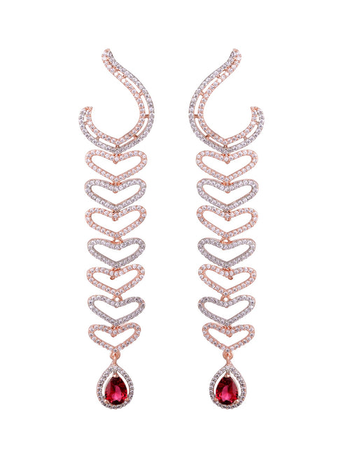 Rose Gold Plated Red AD Studded Heart Shaped Long Dangler Earrings
