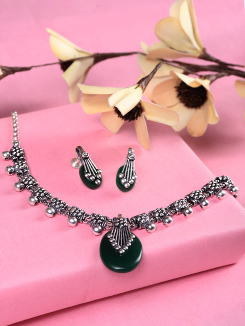 Oxidised Silver Plated Green stone studded Statement Necklace Jewellery Set