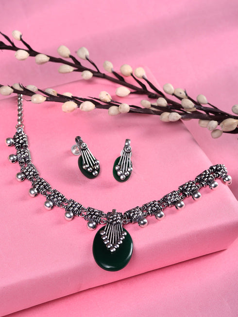 Oxidised Silver Plated Green stone studded Statement Necklace Jewellery Set