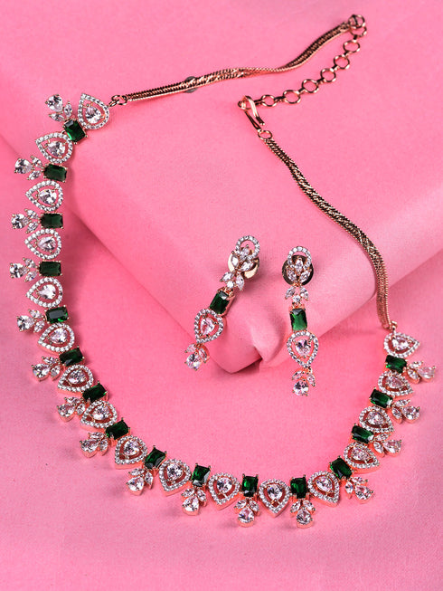 Rose Gold Plated Green AD Studded Floral Necklace Jewellery Set