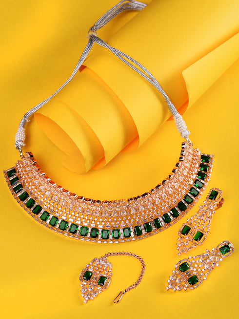 Rose Gold Plated Green AD Studded Bridal Choker Jewellery Set