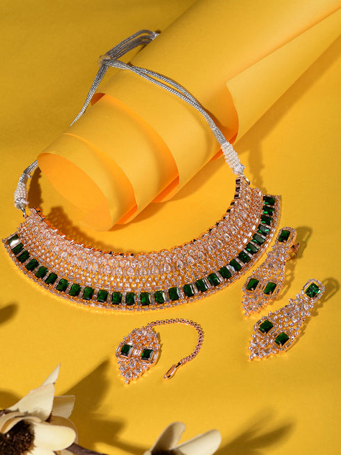Rose Gold Plated Green AD Studded Bridal Choker Jewellery Set