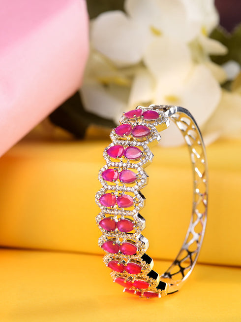Silver Plated Fuschia Studded Statement Kada Bracelet
