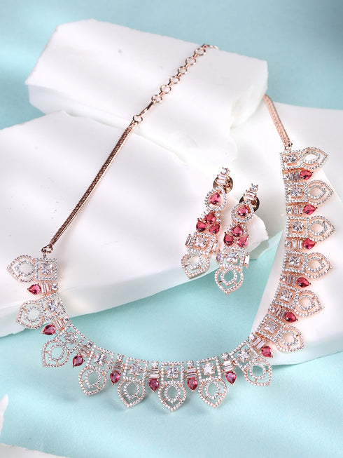 Rose Gold Toned Red AD Studded Necklace Jewellery Set