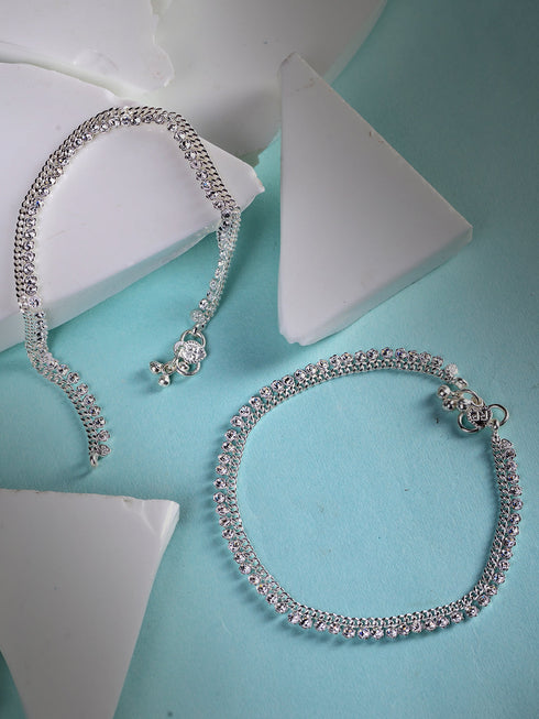 Set Of 2 Silver Plated White AD Studded Modern Payal Anklet