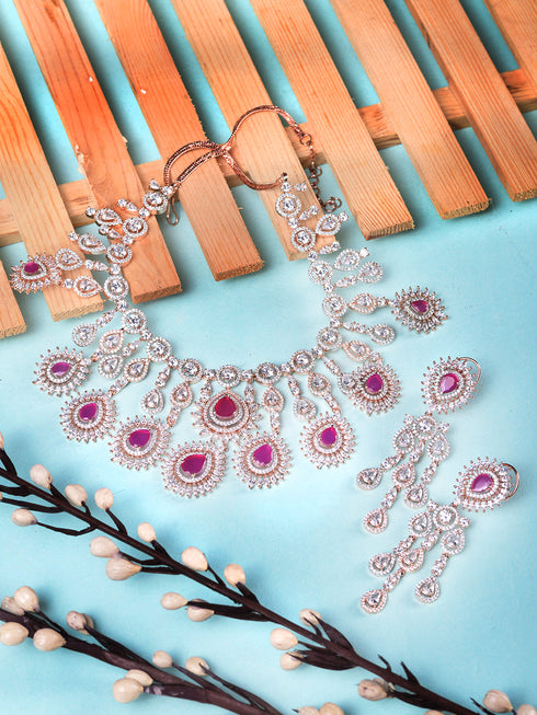 Rose Gold Toned Pink AD Studded Statement Necklace jewellery Set