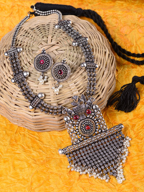 Oxidised Silver Toned Red Stone Studded & Beaded Designer Necklace Jewellery Set