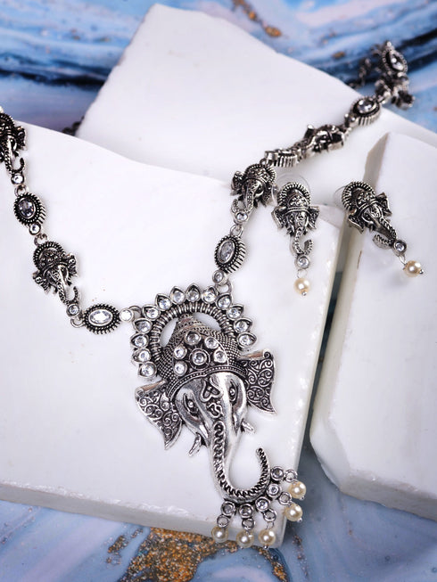Oxidised Silver Plated & Beaded Lord Ganesha Necklace Jewellery Set