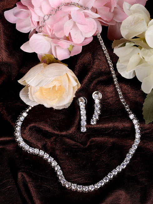 White Rhodium Plated AD studded Necklace Earrings Jewellery Set