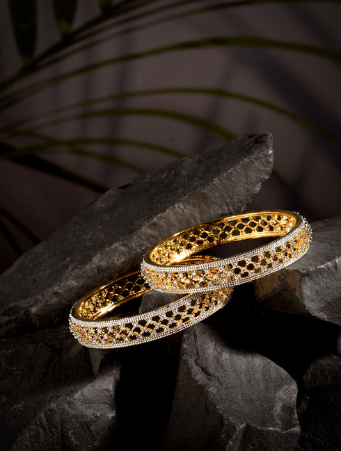 A pair of 2 Gold Dual Toned AD Studded hand Crafted Textuerd Bangles