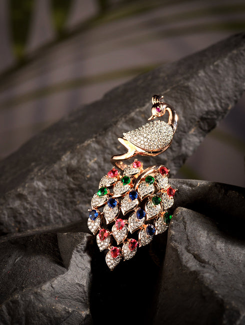Rose Gold Plated Multi AD studded Peacock Handcrafted Finger Ring